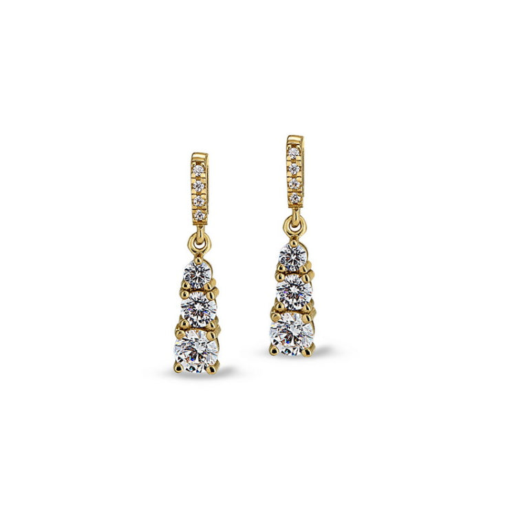 Gold finish sterling silver micropave 3 stone drop earrings with simulated diamonds