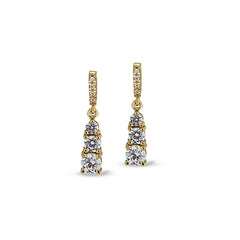 Gold finish sterling silver micropave 3 stone drop earrings with simulated diamonds