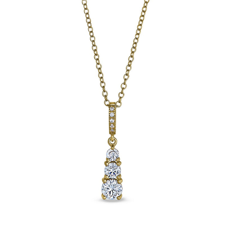 Gold finish sterling silver micropave three stone drop pendant with simulated diamonds 0n 18 chain