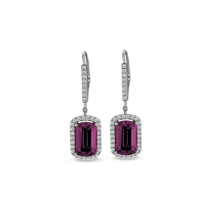Platinum finish sterling silver micropave emerald cut pink stone earrings with simulated diamongs