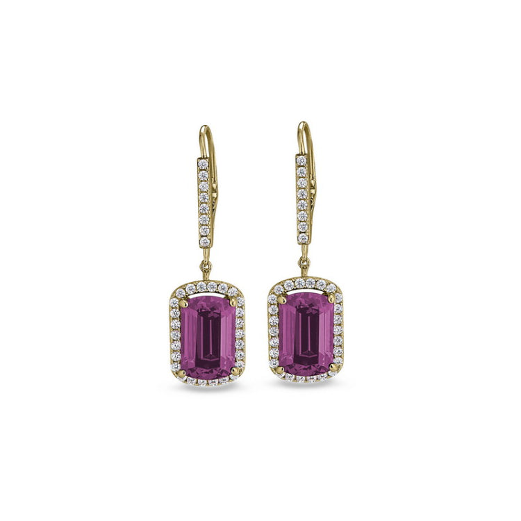 Gold finish sterling silver micropave emerald cut pink stone earrings with simulated diamongs