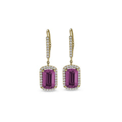 Gold finish sterling silver micropave emerald cut pink stone earrings with simulated diamongs