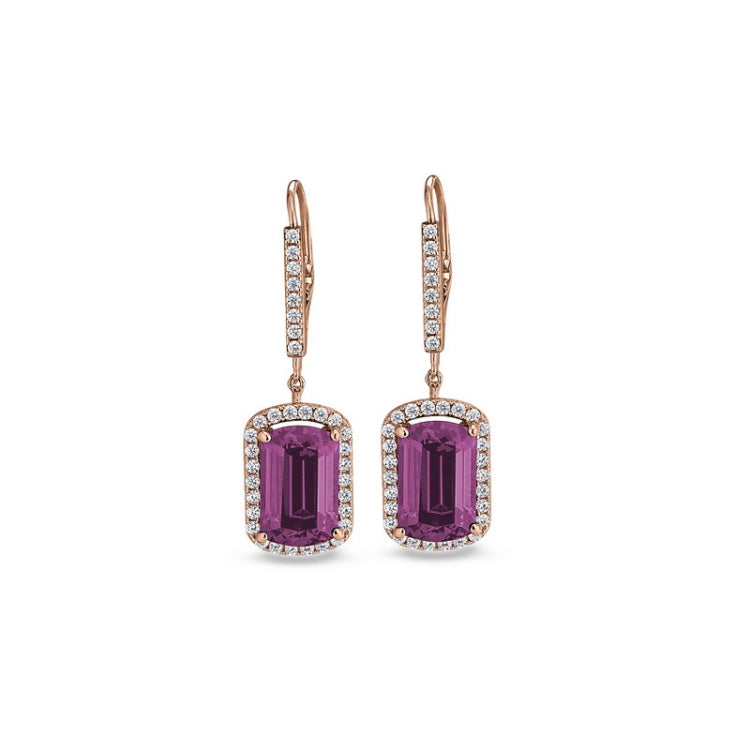 Rose gold finish sterling silver micropave emerald cut pink stone earrings with simulated diamongs