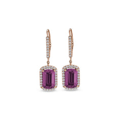 Rose gold finish sterling silver micropave emerald cut pink stone earrings with simulated diamongs
