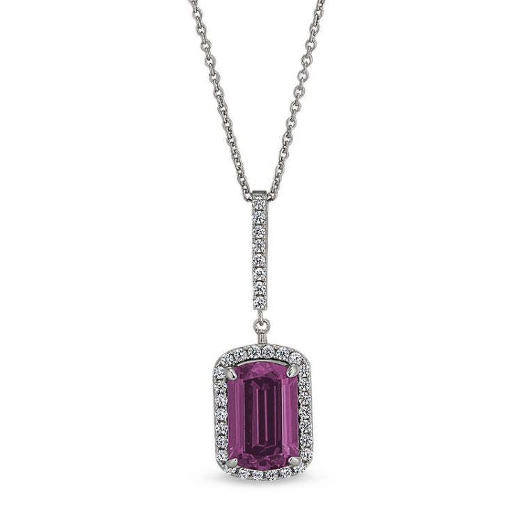 Platinum finish sterling silver micropave emerald cut pink stone pendant with simulated diamongs on 16 - 18 adjustable chain