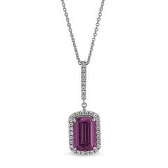 Platinum finish sterling silver micropave emerald cut pink stone pendant with simulated diamongs on 16 - 18 adjustable chain