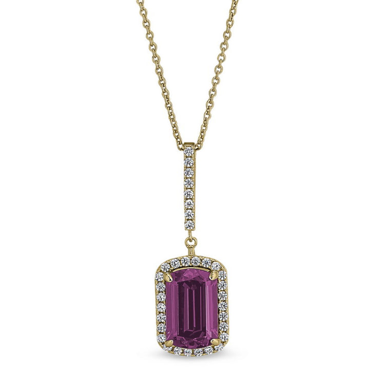 Gold finish sterling silver micropave emerald cut pink stone pendant with simulated diamongs on 16 - 18 adjustable chain