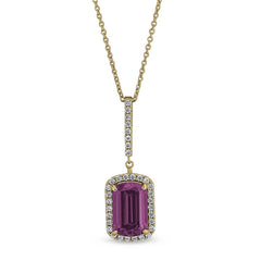 Gold finish sterling silver micropave emerald cut pink stone pendant with simulated diamongs on 16 - 18 adjustable chain