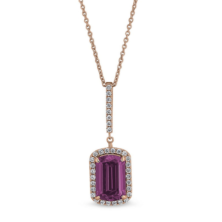 Rose Gold Finish Sterling Silver Micropave Emerald Cut Pink Stone Pendant  Simulated Diamongs on 16