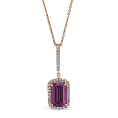 Rose Gold Finish Sterling Silver Micropave Emerald Cut Pink Stone Pendant  Simulated Diamongs on 16