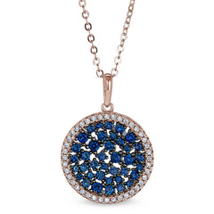 Rose gold and black rhodium finish sterling silver pendent with simmulated blue sapphire stones and diamonds on 18 chain