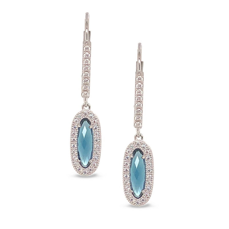 Platinum finish sterling silver micropave oblong earrings with simulated london blue topaz and simulated diamonds