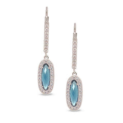 Platinum finish sterling silver micropave oblong earrings with simulated london blue topaz and simulated diamonds