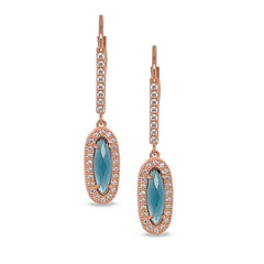 Rose gold finish sterling silver micropave oblong earrings with simulated london blue topaz and simulated diamonds