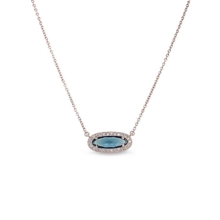 Platinum finish sterling silver necklace with simulated london blue topaz and simulated diamonds on 16 - 18 adjustable chain