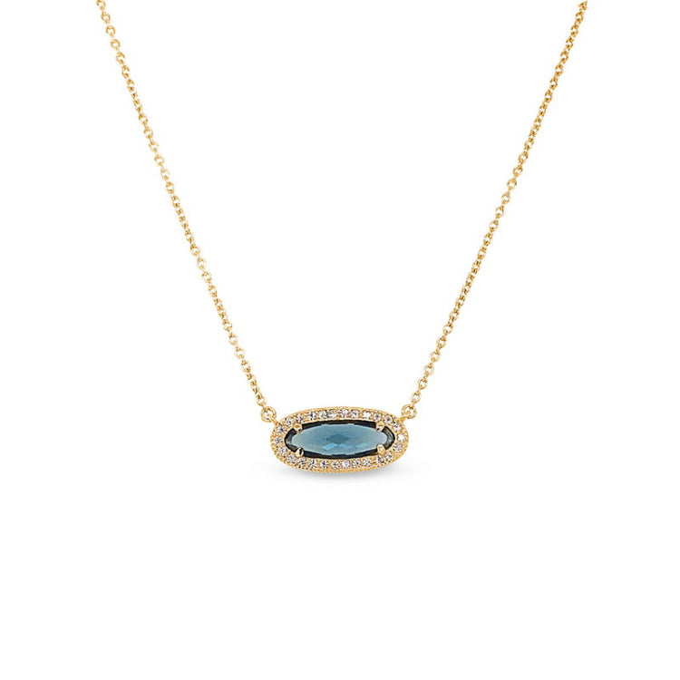 Gold finish sterling silver necklace with simulated london blue topaz and simulated diamonds on 16 - 18 adjustable chain