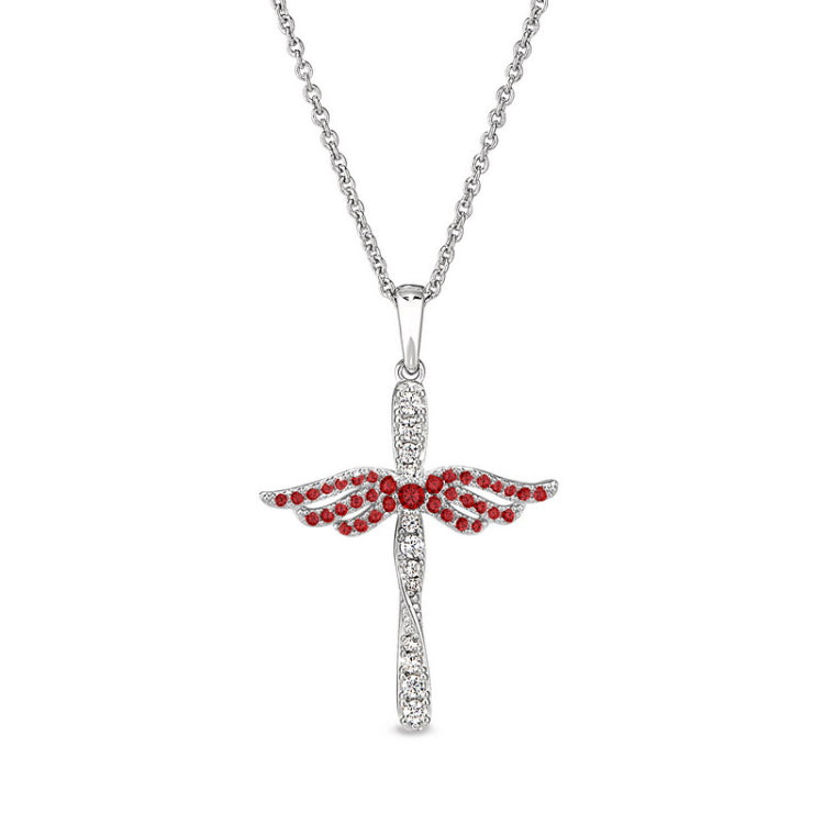 Platinum finish sterling silver micropave angel wings cross with simulated garnet & diamonds on 16 - 18 adjustable chain