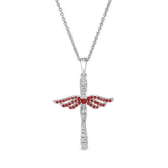 Platinum finish sterling silver micropave angel wings cross with simulated garnet & diamonds on 16 - 18 adjustable chain