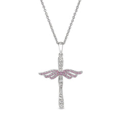 Platinum finish sterling silver micropave angel wings cross with simulated pink sapphire & diamonds on 16 - 18 adjustable