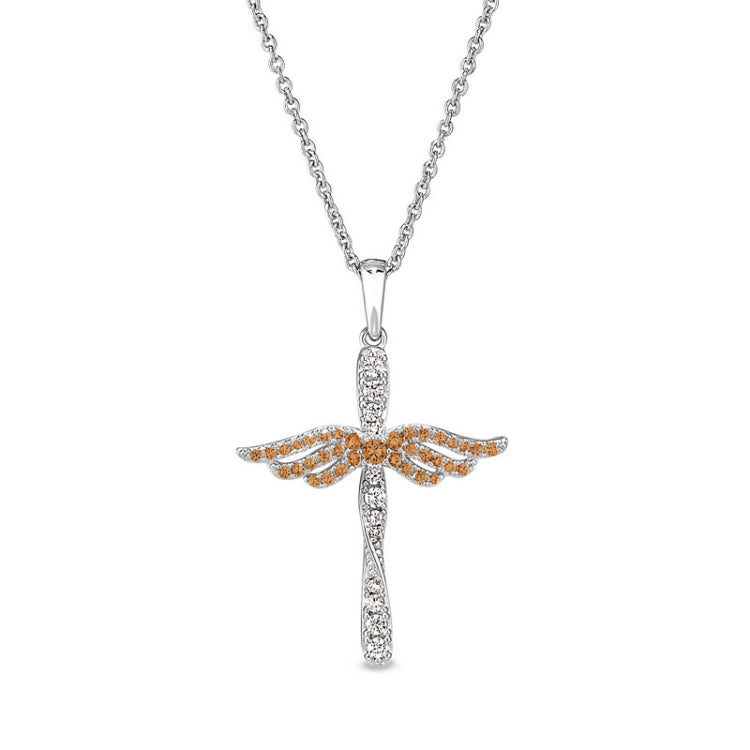 Platinum finish sterling silver micropave angel wings cross with simulated citrine & diamonds on 16 - 18 adjustable chain