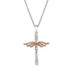 Platinum finish sterling silver micropave angel wings cross with simulated citrine & diamonds on 16 - 18 adjustable chain
