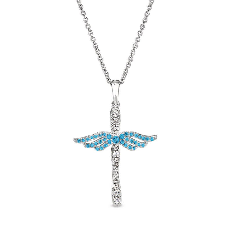 Platinum finish sterling silver micropave angel wings cross with simulated blue topaz & diamonds on 16 - 18 adjustable chain
