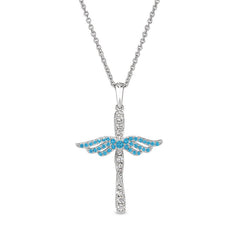 Platinum finish sterling silver micropave angel wings cross with simulated blue topaz & diamonds on 16 - 18 adjustable chain