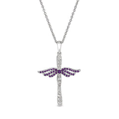 Platinum finish sterling silver micropave angel wings cross with simulated amethyst & diamonds on 16 - 18 adjustable chain