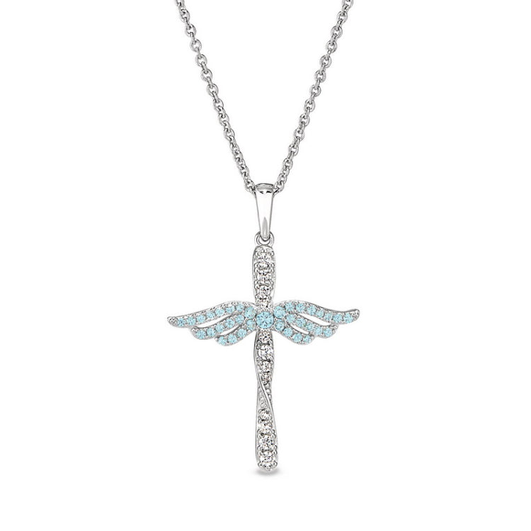 Platinum finish sterling silver micropave angel wings cross with simulated aquamarine & diamonds on 16 - 18 adjustable chain