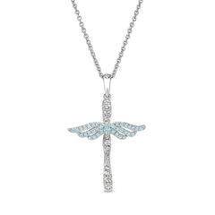 Platinum finish sterling silver micropave angel wings cross with simulated aquamarine & diamonds on 16 - 18 adjustable chain
