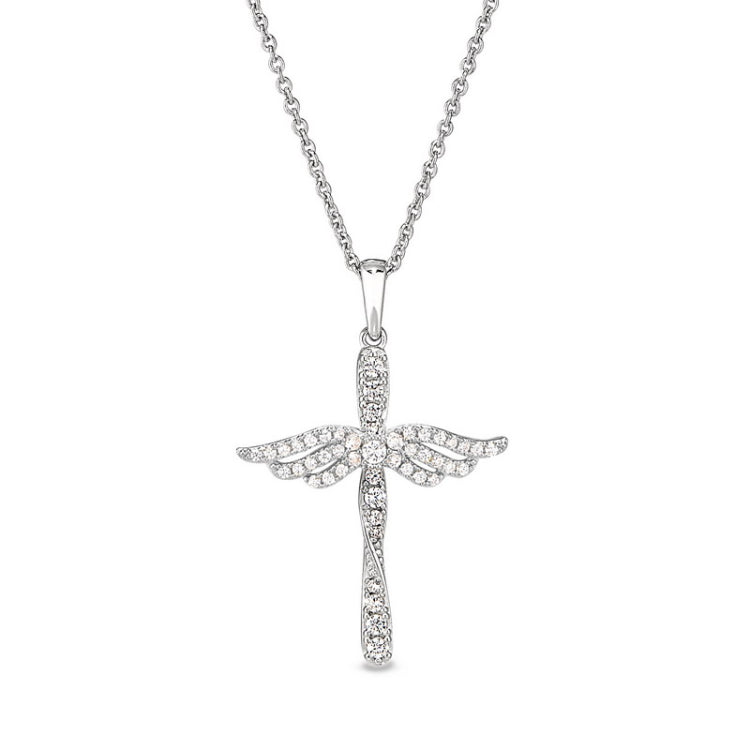 Platinum finish sterling silver micropave angel wings cross with simulated diamonds on 16 - 18 adjustable chain