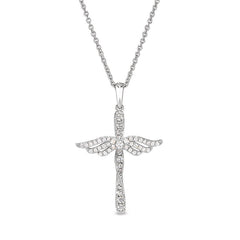 Platinum finish sterling silver micropave angel wings cross with simulated diamonds on 16 - 18 adjustable chain