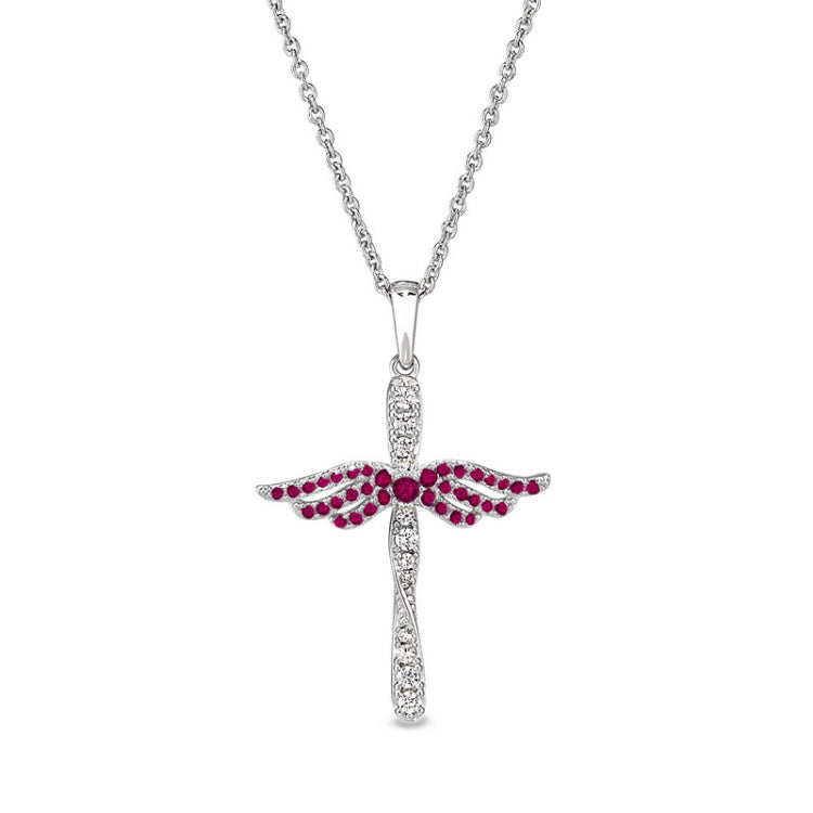 Platinum finish sterling silver micropave angel wings cross with simulated ruby & diamonds on 16 - 18 adjustable chain