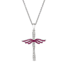 Platinum finish sterling silver micropave angel wings cross with simulated ruby & diamonds on 16 - 18 adjustable chain