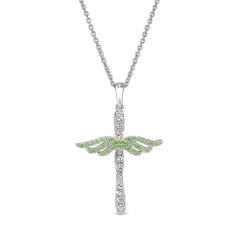 Platinum finish sterling silver micropave angel wings cross with simulated peridot & diamonds on 16 - 18 adjustable chain