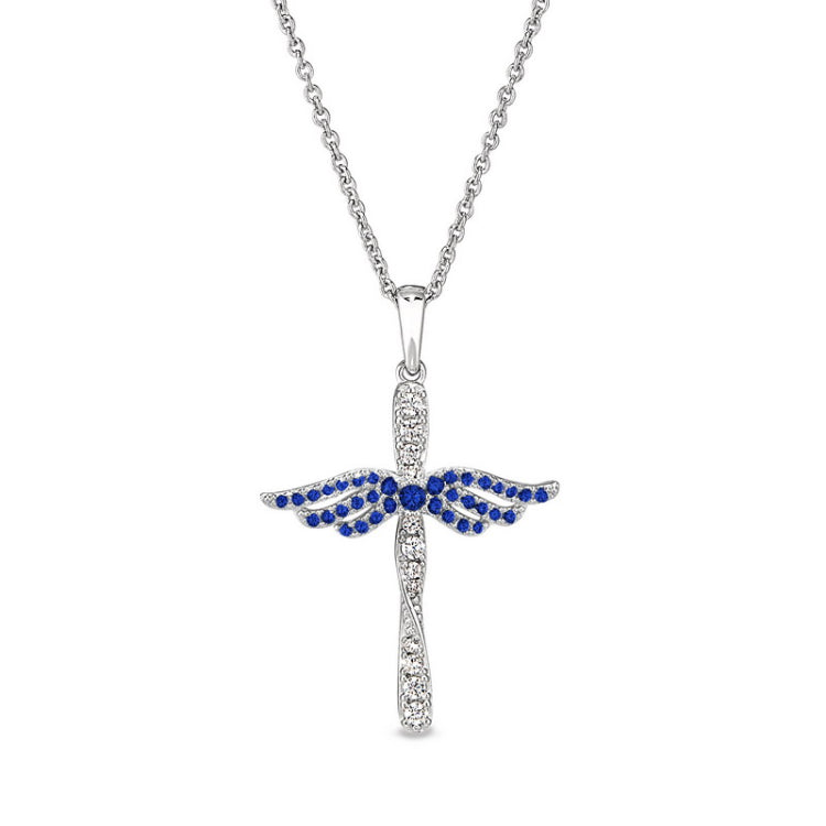 Platinum finish sterling silver micropave angel wings cross with simulated blue sapphire & diamonds on 16 - 18 adjustable