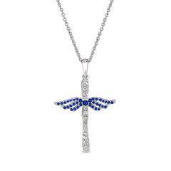 Platinum finish sterling silver micropave angel wings cross with simulated blue sapphire & diamonds on 16 - 18 adjustable