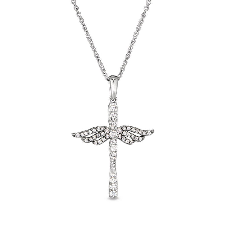 Gold vermeil finish sterling silver micropave cross with black rhodium angel wings on 16 - 18 adjustable chain