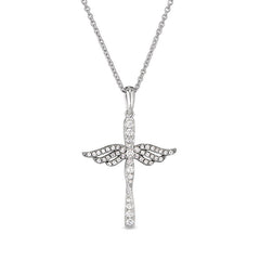 Gold vermeil finish sterling silver micropave cross with black rhodium angel wings on 16 - 18 adjustable chain