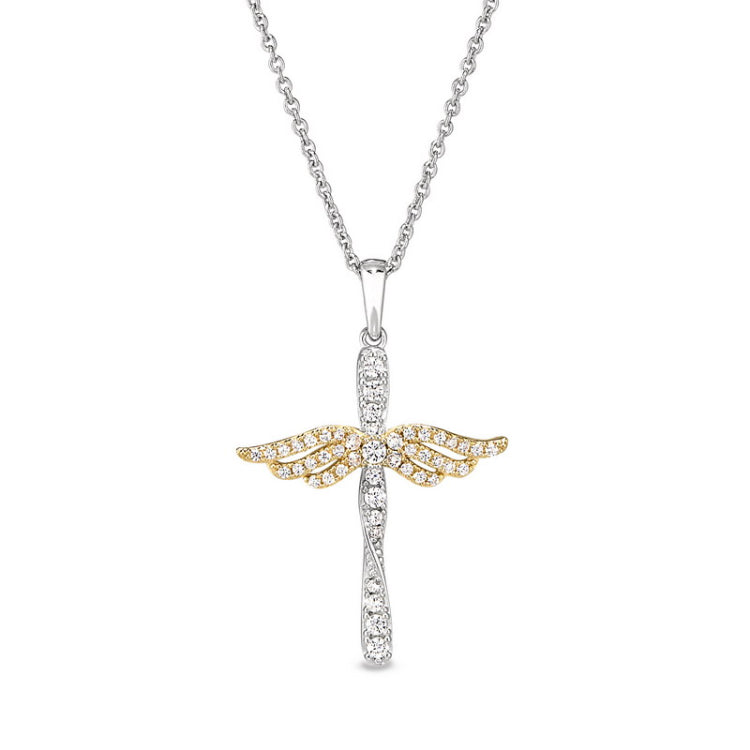Gold vermeil finish sterling silver micropave cross with gold angel wings on 16 - 18 adjustable chain