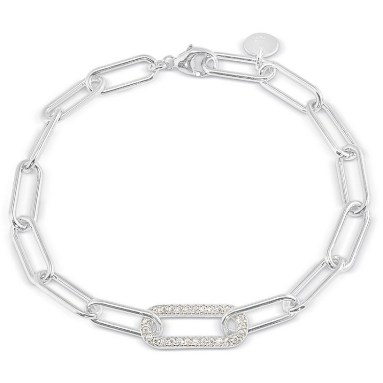 Platinum finish sterling silver micropave 7.5 paper clip bracelet with a single link with simulated diamonds