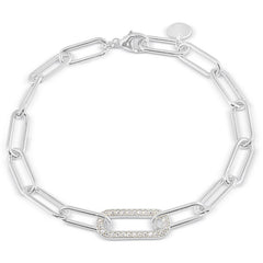 Platinum finish sterling silver micropave 7.5 paper clip bracelet with a single link with simulated diamonds