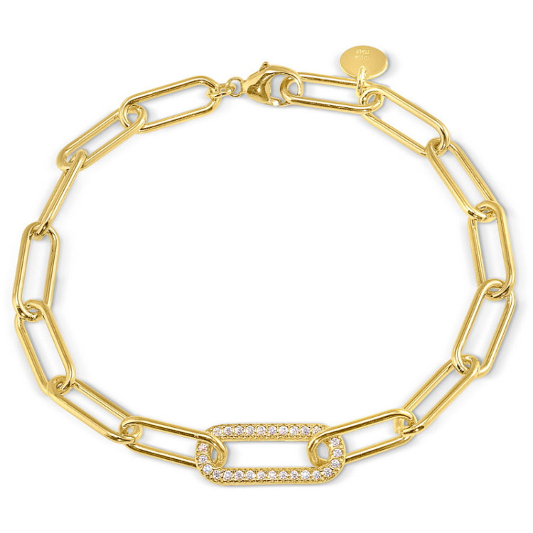 Gold finish sterling silver micropave 7.5 paper clip bracelet with a single link with simulated diamonds