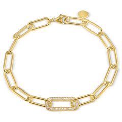 Gold finish sterling silver micropave 7.5 paper clip bracelet with a single link with simulated diamonds