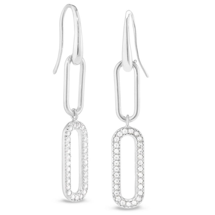Platinum finish sterling silver micropave paper clip earrings with a single link with simulated diamonds