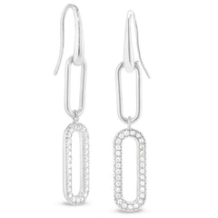 Platinum finish sterling silver micropave paper clip earrings with a single link with simulated diamonds