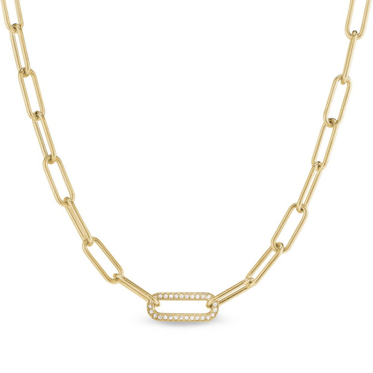 Gold Finish Sterling Silver Micropave 16" Paper Clip Necklace with a Single Link 