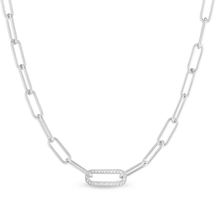 Platinum finish sterling silver micropave 18 paper clip necklace with a single link with simulated diamonds