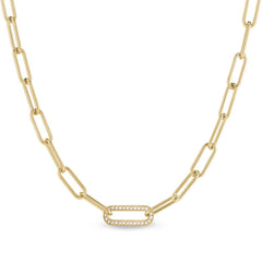 Gold finish sterling silver micropave 18 paper clip necklace with a single link with simulated diamonds