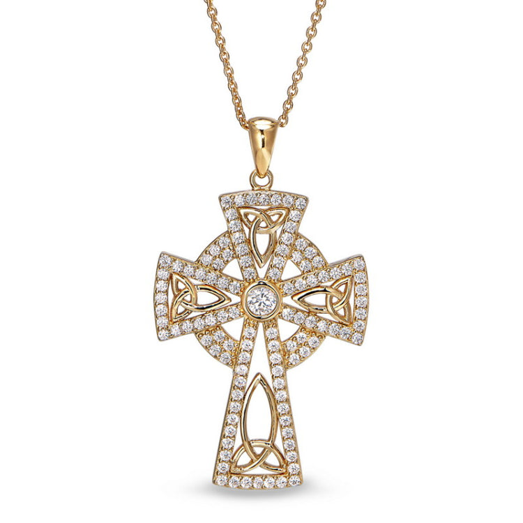 Gold finish sterling silver micropave celtic cross pendant with simulated diamonds on 16 - 18 adjustable chain